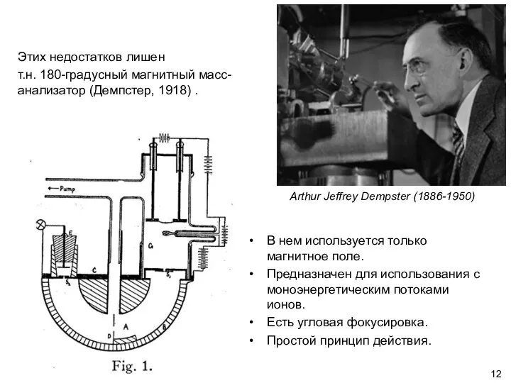 Arthur Jeffrey Dempster (1886-1950) Этих недостатков лишен т.н. 180-градусный магнитный масс-анализатор