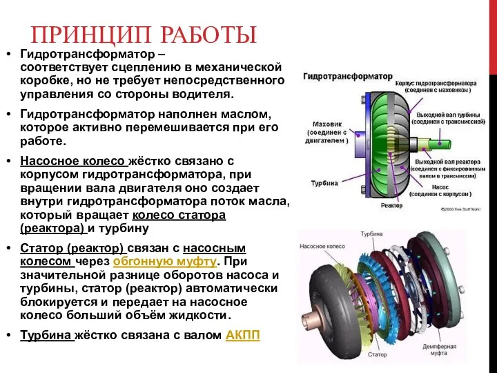 ПРИНЦИП РАБОТЫ Гидротрансформатор – соответствует сцеплению в механической коробке, но не