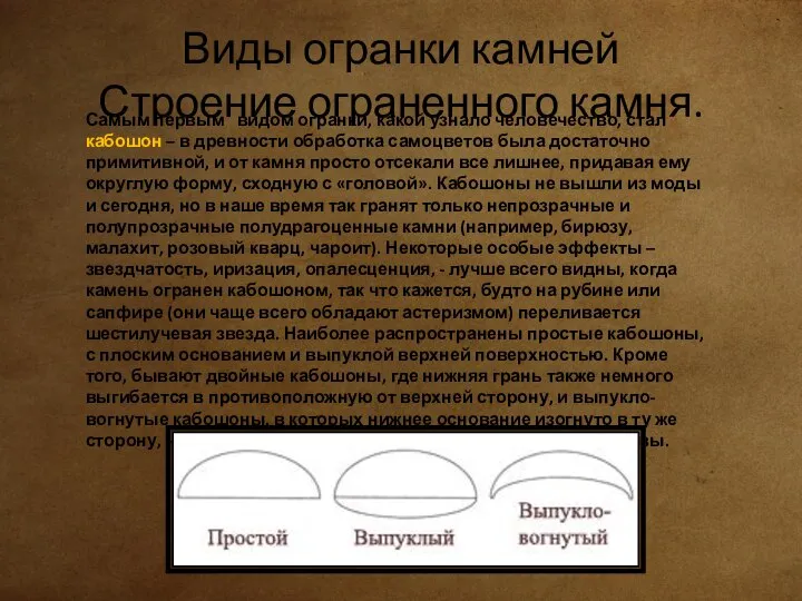 Виды огранки камней Строение ограненного камня. Самым первым видом огранки, какой