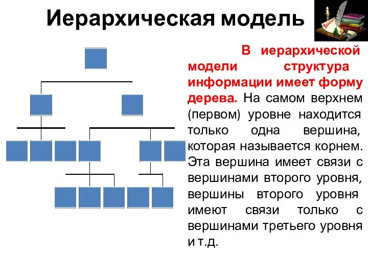 В иерархической модели структура информации имеет форму дерева. На самом верхнем