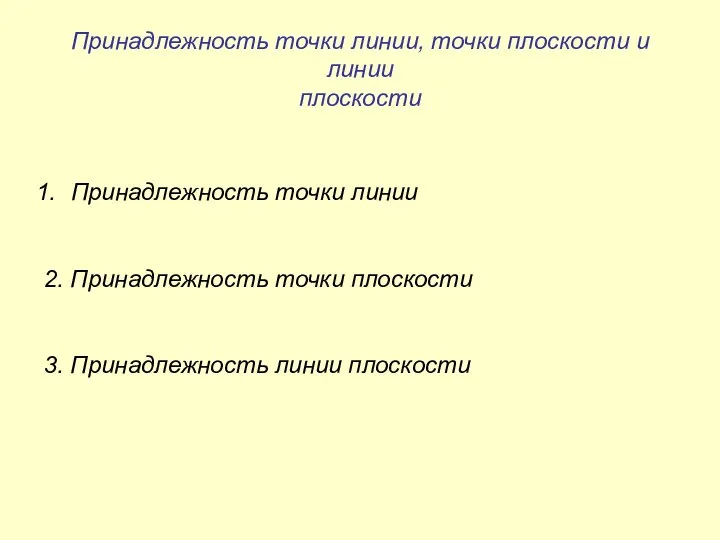 Принадлежность точки линии, точки плоскости и линии плоскости Принадлежность точки линии