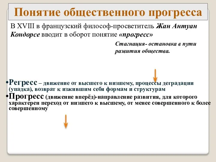 Понятие общественного прогресса Регресс – движение от высшего к низшему, процессы