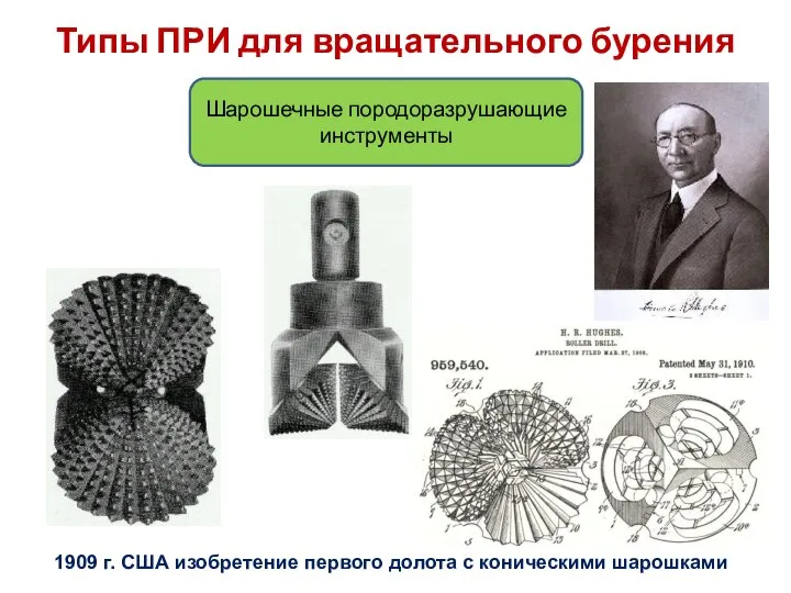 Типы ПРИ для вращательного бурения Шарошечные породоразрушающие инструменты 1909 г. США