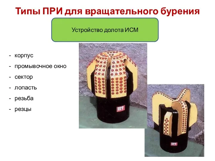 Типы ПРИ для вращательного бурения Устройство долота ИСМ корпус промывочное окно сектор лопасть резьба резцы