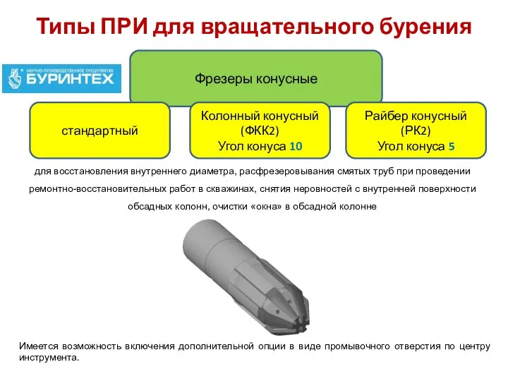 Типы ПРИ для вращательного бурения Фрезеры конусные стандартный для восстановления внутреннего