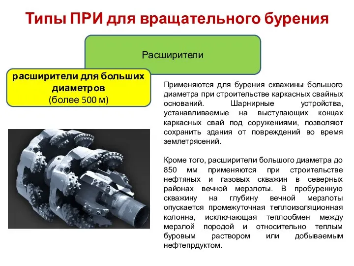 Типы ПРИ для вращательного бурения Расширители расширители для больших диаметров (более