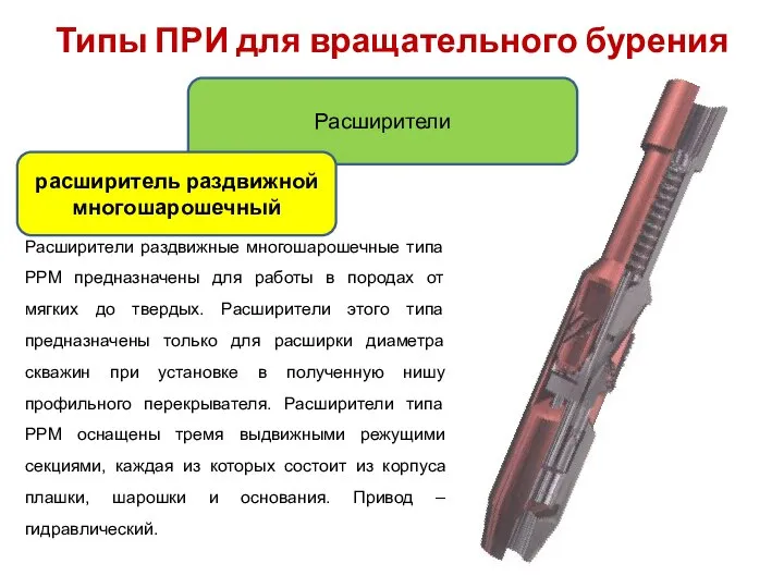 Типы ПРИ для вращательного бурения Расширители расширитель раздвижной многошарошечный Расширители раздвижные