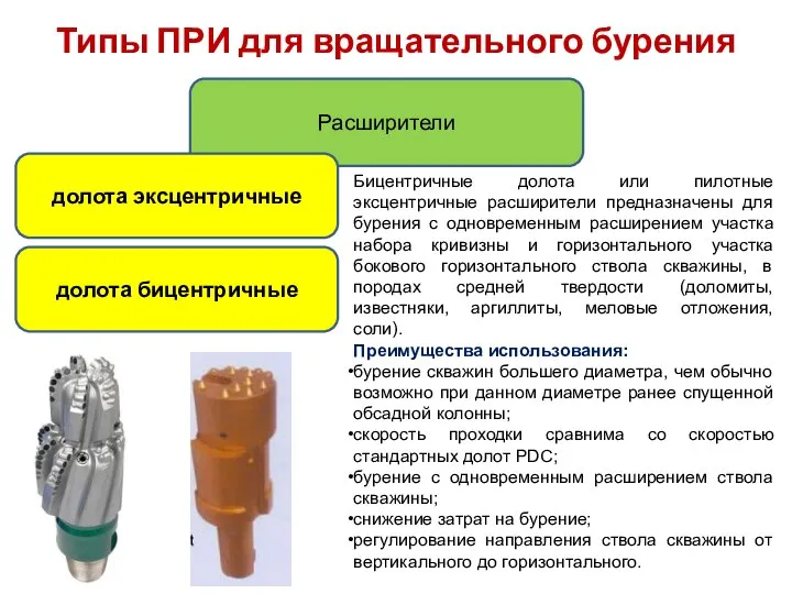 Типы ПРИ для вращательного бурения Расширители долота эксцентричные долота бицентричные Бицентричные