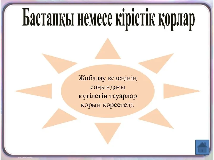 Бастапқы немесе кірістік қорлар Жобалау кезеңінің соңындағы күтілетін тауарлар қорын көрсетеді.