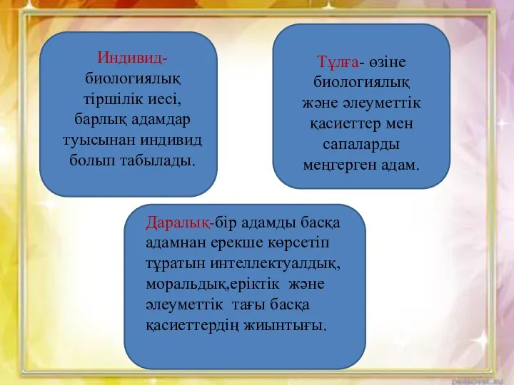 Индивид- биологиялық тіршілік иесі, барлық адамдар туысынан индивид болып табылады. Тұлға-