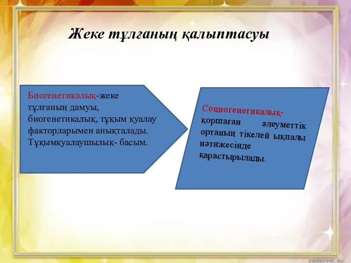 Жеке тұлғаның қалыптасуы Биогенетикалық-жеке тұлғаның дамуы,биогенетикалық, тұқым қуалау факторларымен анықталады. Тұқымқуалаушылық-