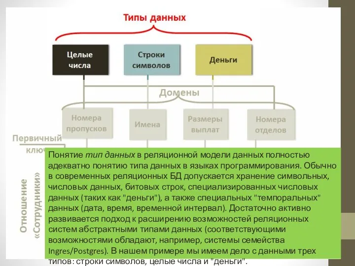 Понятие тип данных в реляционной модели данных полностью адекватно понятию типа