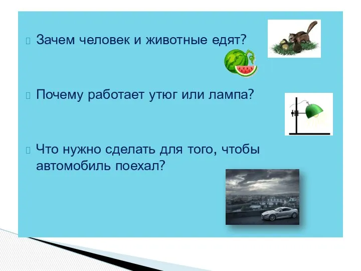 Зачем человек и животные едят? Почему работает утюг или лампа? Что