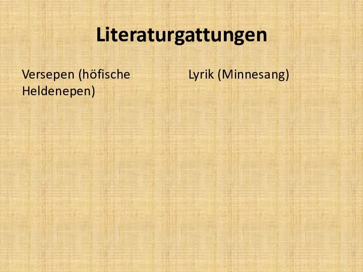 Literaturgattungen Versepen (höfische Heldenepen) Lyrik (Minnesang)