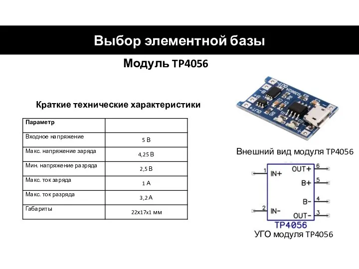 Выбор элементной базы Модуль TP4056 Краткие технические характеристики Внешний вид модуля TP4056 УГО модуля TP4056