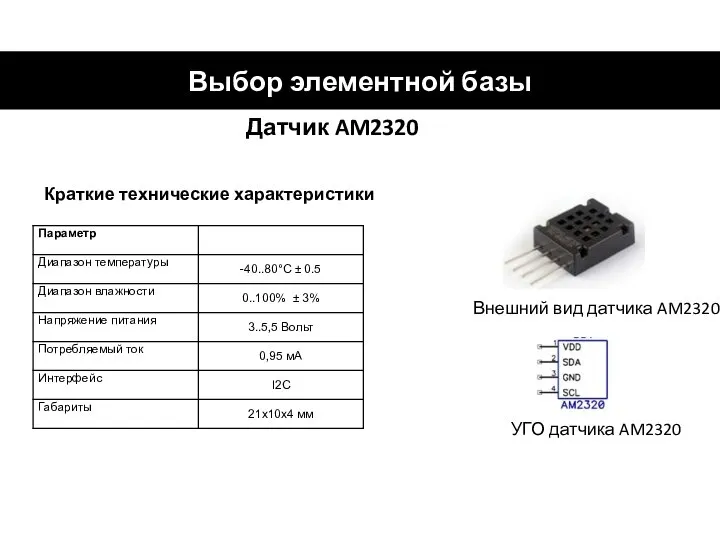 Выбор элементной базы Датчик AM2320 Краткие технические характеристики Внешний вид датчика AM2320 УГО датчика AM2320