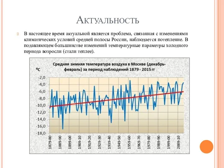 Актуальность В настоящее время актуальной является проблема, связанная с изменениями климатических