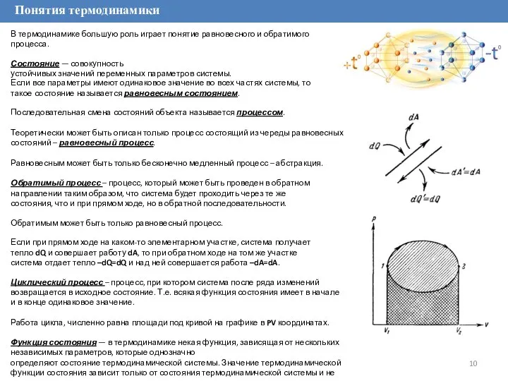 Понятия термодинамики В термодинамике большую роль играет понятие равновесного и обратимого