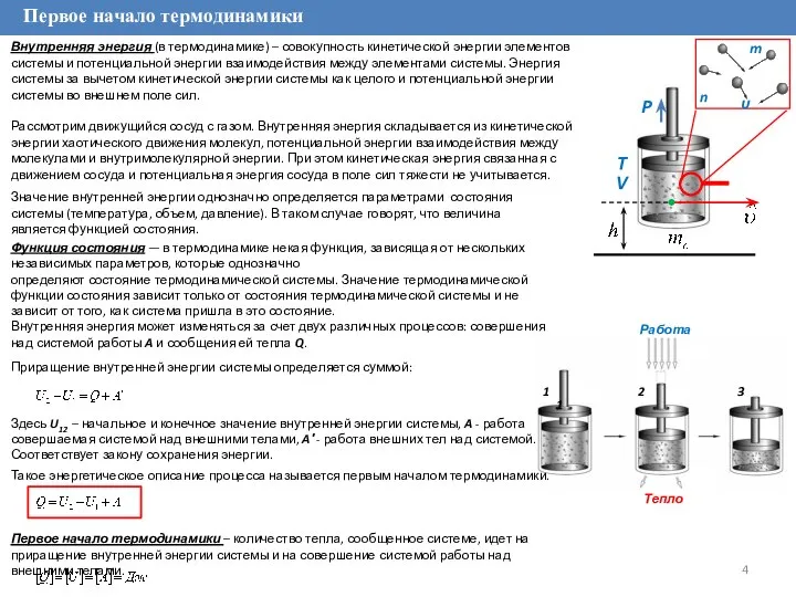 Первое начало термодинамики Внутренняя энергия (в термодинамике) – совокупность кинетической энергии