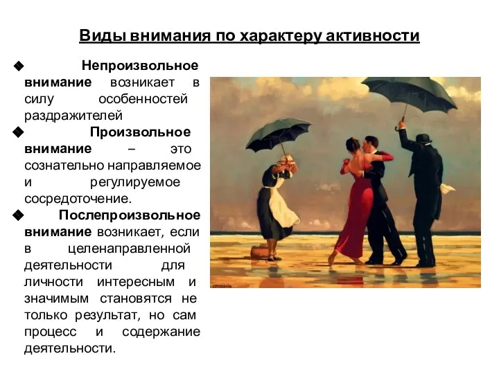 Виды внимания по характеру активности Непроизвольное внимание возникает в силу особенностей