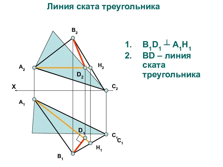 В1D1 ┴ А1H1 ВD – линия ската треугольника А2 В2 С2