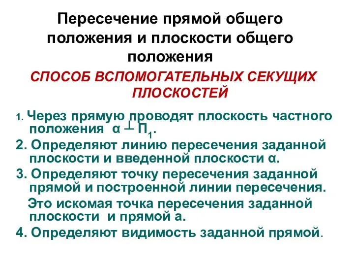 Пересечение прямой общего положения и плоскости общего положения СПОСОБ ВСПОМОГАТЕЛЬНЫХ СЕКУЩИХ