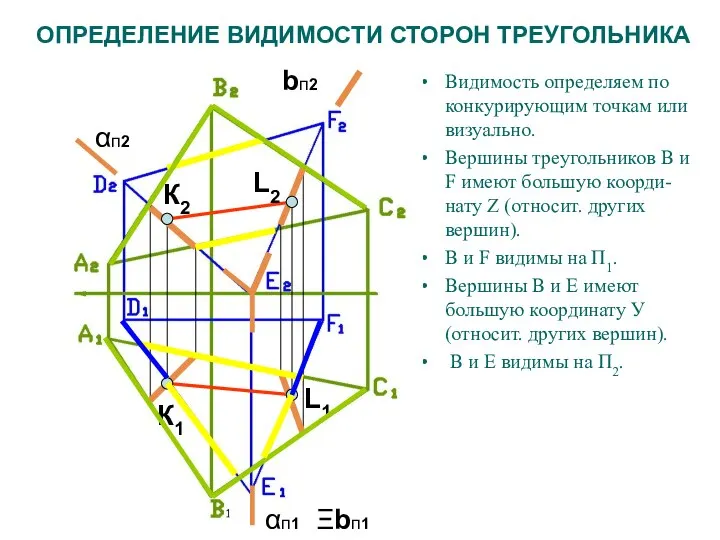 ОПРЕДЕЛЕНИЕ ВИДИМОСТИ СТОРОН ТРЕУГОЛЬНИКА Видимость определяем по конкурирующим точкам или визуально.