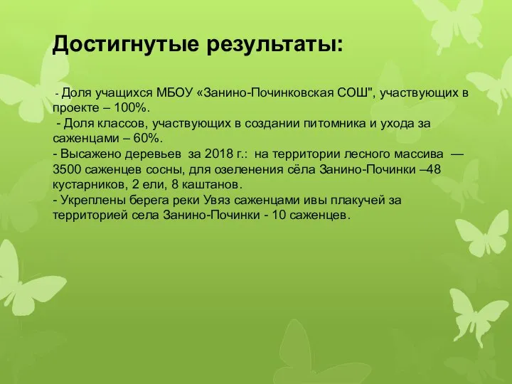 Достигнутые результаты: - Доля учащихся МБОУ «Занино-Починковская СОШ", участвующих в проекте