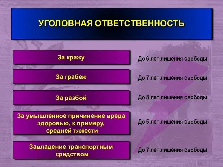 УГОЛОВНАЯ ОТВЕТСТВЕННОСТЬ За кражу До 6 лет лишения свободы За грабеж