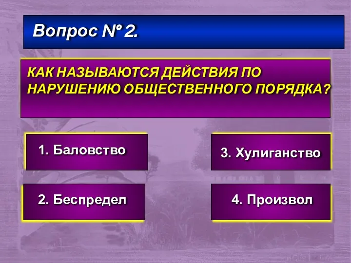 Вопрос № 2. КАК НАЗЫВАЮТСЯ ДЕЙСТВИЯ ПО НАРУШЕНИЮ ОБЩЕСТВЕННОГО ПОРЯДКА? 1.