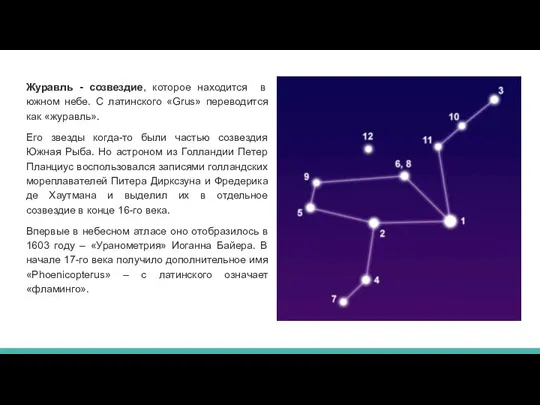 Журавль - созвездие, которое находится в южном небе. С латинского «Grus»