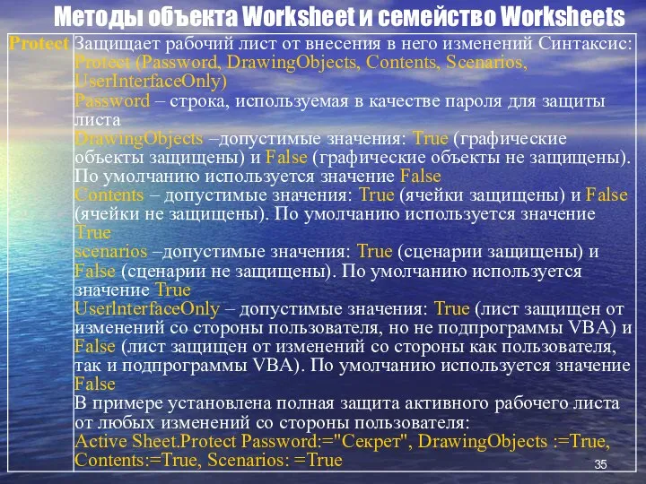 Методы объекта Worksheet и семейство Worksheets