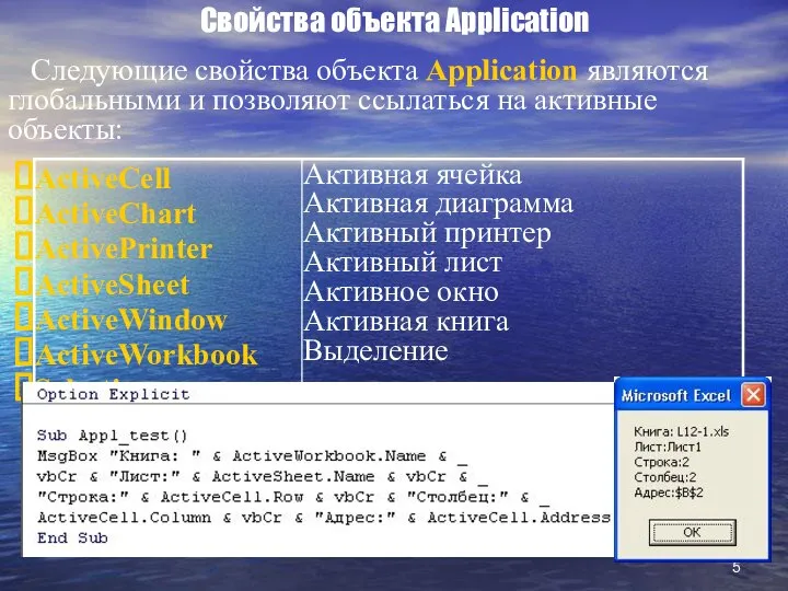 Свойства объекта Application Следующие свойства объекта Application являются глобальными и позволяют ссылаться на активные объекты: