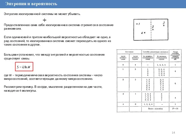 Энтропия и вероятность Больцман установил, что между энтропией и вероятностью состояния