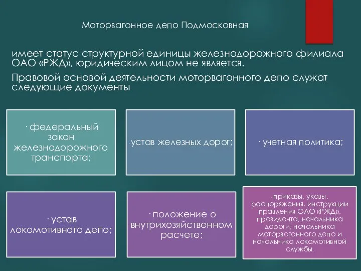 имеет статус структурной единицы железнодорожного филиала ОАО «РЖД», юридическим лицом не