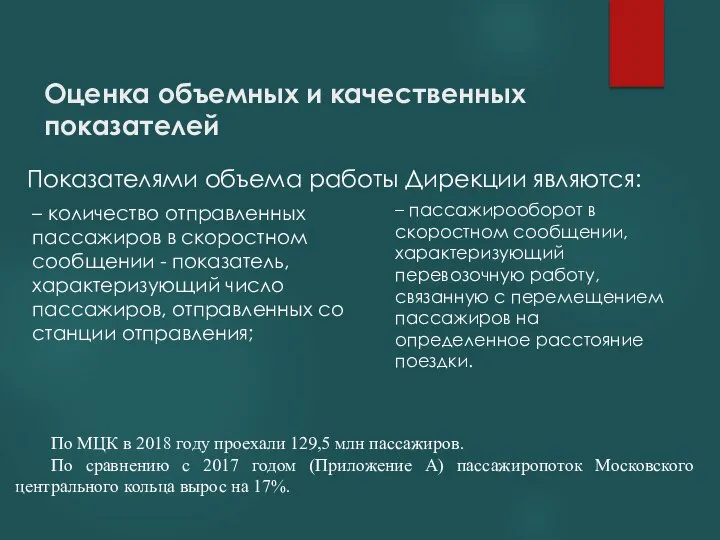 Оценка объемных и качественных показателей – количество отправленных пассажиров в скоростном