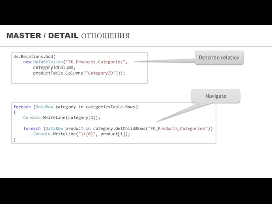 MASTER / DETAIL ОТНОШЕНИЯ foreach (DataRow category in categoriesTable.Rows) { Console.WriteLine(category[1]);