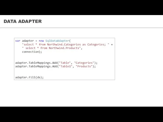 DATA ADAPTER var adapter = new SqlDataAdapter( "select * from Northwind.Categories