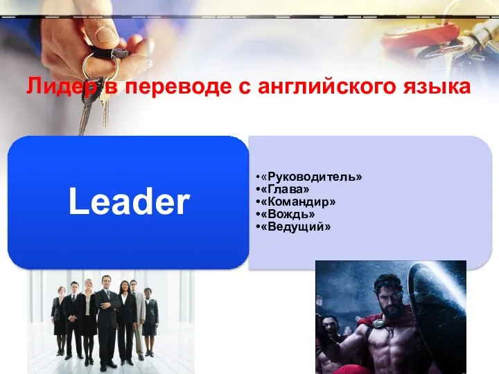 Лидер в переводе с английского языка Leader «Руководитель» «Глава» «Командир» «Вождь» «Ведущий»