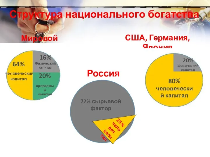Мировой тренд Россия 72% сырьевой фактор США, Германия, Япония Структура национального