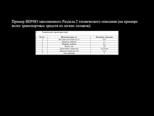 Пример ВЕРНО заполненного Раздела 2 технического описания (на примере колес транспортных средств из легких сплавов):