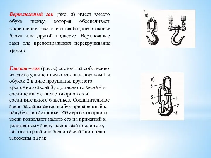 Вертлюжный гак (рис. д) имеет вместо обуха шейку, которая обеспечивает закрепление