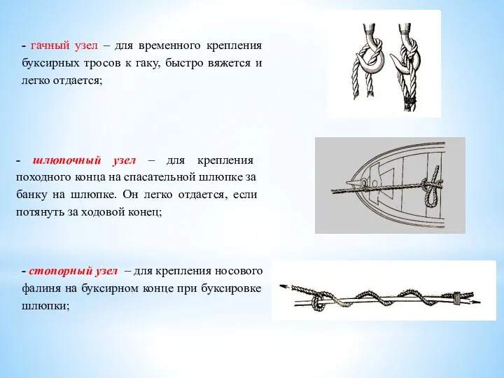 - гачный узел – для временного крепления буксирных тросов к гаку,