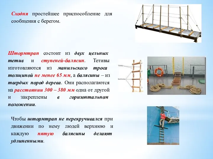 Сходня простейшее приспособление для сообщения с берегом. Штормтрап состоит из двух