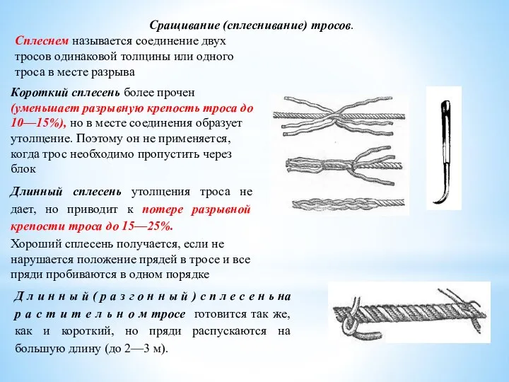 Сращивание (сплеснивание) тросов. Сплеснем называется соединение двух тросов одинаковой толщины или