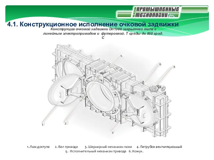 Конструкция очковой задвижки Dn1300 закрытого типа с линейным электроприводом и футеровкой.