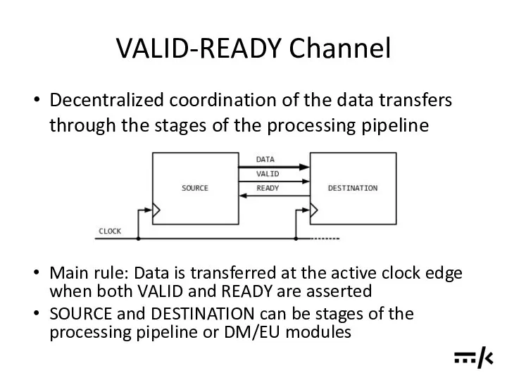 VALID-READY Channel Main rule: Data is transferred at the active clock