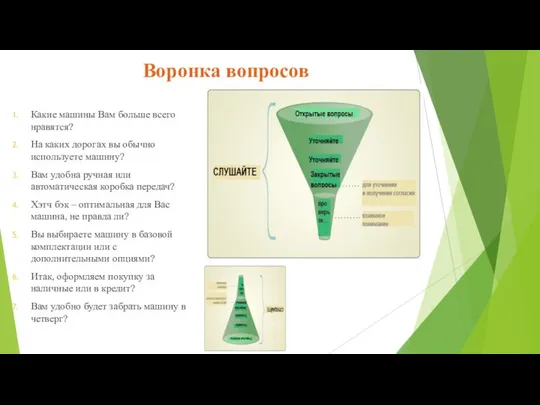 Воронка вопросов Какие машины Вам больше всего нравятся? На каких дорогах