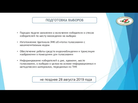 не позднее 28 августа 2019 года ПОДГОТОВКА ВЫБОРОВ Порядок подачи заявления