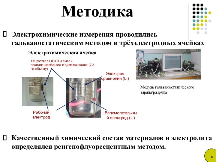 Методика Электрохимические измерения проводились гальваностатическим методом в трёхэлектродных ячейках Качественный химический